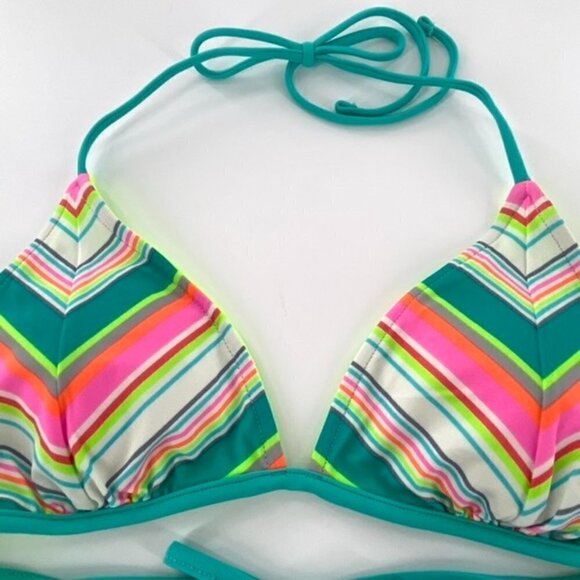 Reversible Triangle Bikini Swimsuit Halter Top Juniors Sz L Chevron Neon Green - Picture 11 of 16